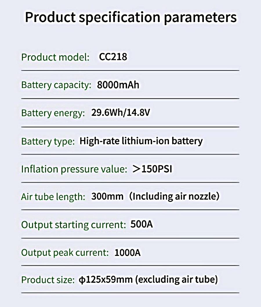 TCCBAC CC218 - 8000mAh Φορητός Εκκινητής Μπαταρίας Αυτοκινήτου 1000A με Power Bank  / USB / Τρόμπα / Φακό 12V