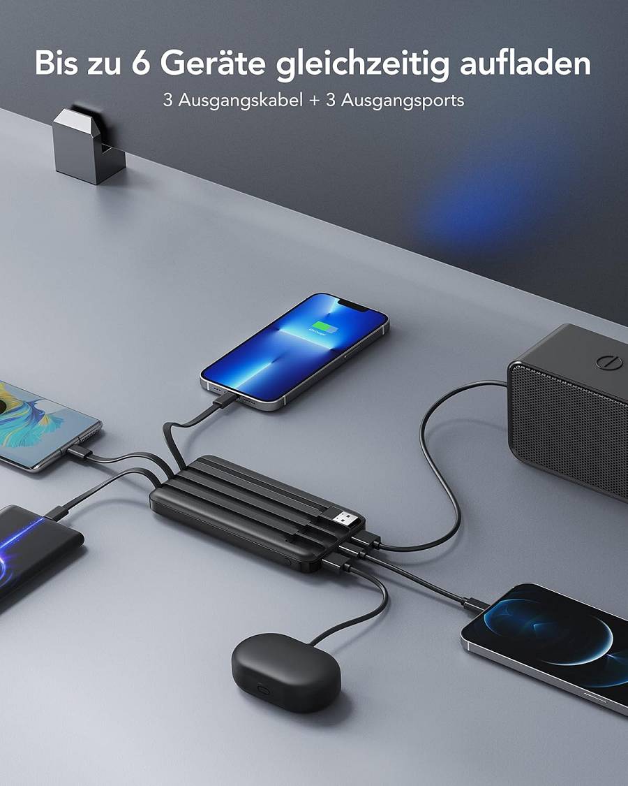 Charmast W1148 Power Bank 10000mAh PD20W with built-in cables Micro USB / Type C / Lightning 5V3A  black
