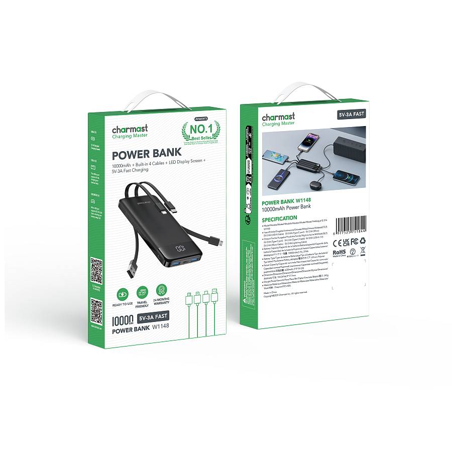 Charmast W1148 Power Bank 10000mAh PD20W with built-in cables Micro USB / Type C / Lightning 5V3A  black