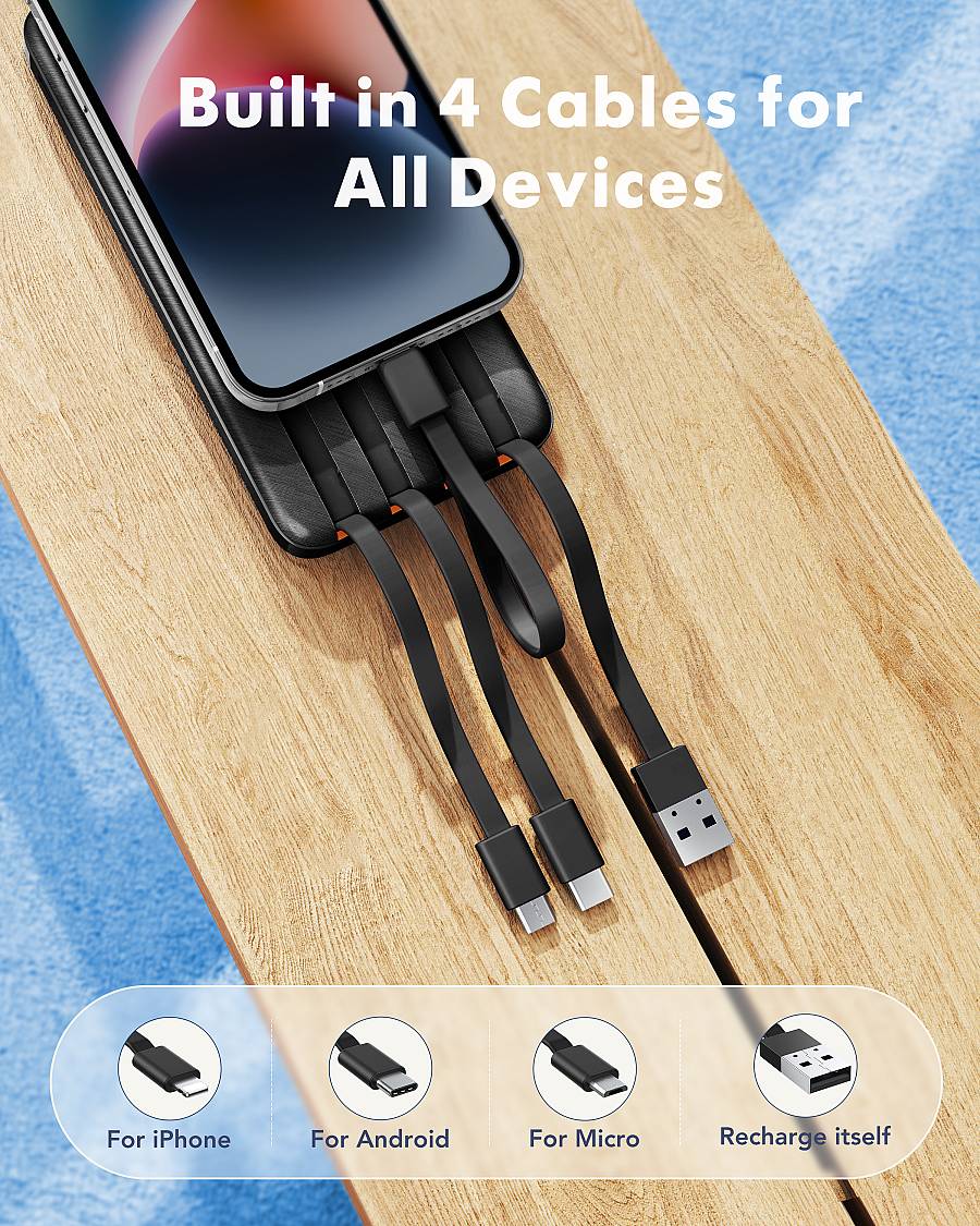 Charmast W2065 Power Bank 20000mAh PD20W with built-in cables Micro USB / Type C / Lightning 5V3A  black