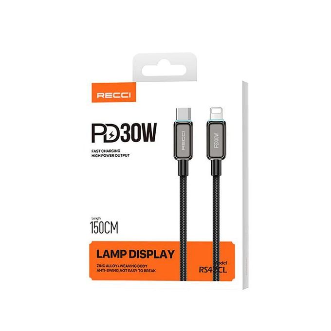 RECCI RS42CL - PD30W Lamp Sisplay Fast Charging Type-C to Lightning Data Cable 1.5M - Black