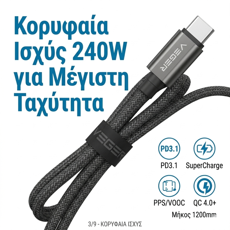 VEGER DC120 240W USB-C to USB-C Cable, PD 3.1 QC 4.0 Fast Charging Cable with Digital Display, 1.2M Nylon Braided Type C Charger Cord for Laptop, Phone, Tablet, Gaming Devices