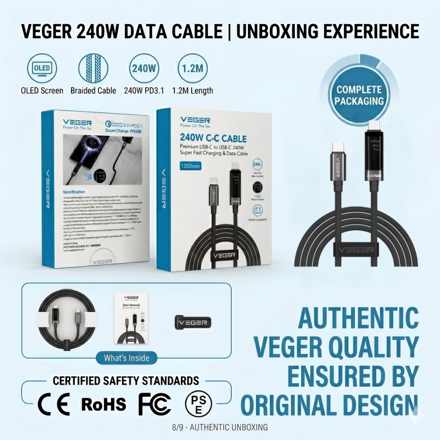 VEGER DC120 240W USB-C to USB-C Cable, PD 3.1 QC 4.0 Fast Charging Cable with Digital Display, 1.2M Nylon Braided Type C Charger Cord for Laptop, Phone, Tablet, Gaming Devices