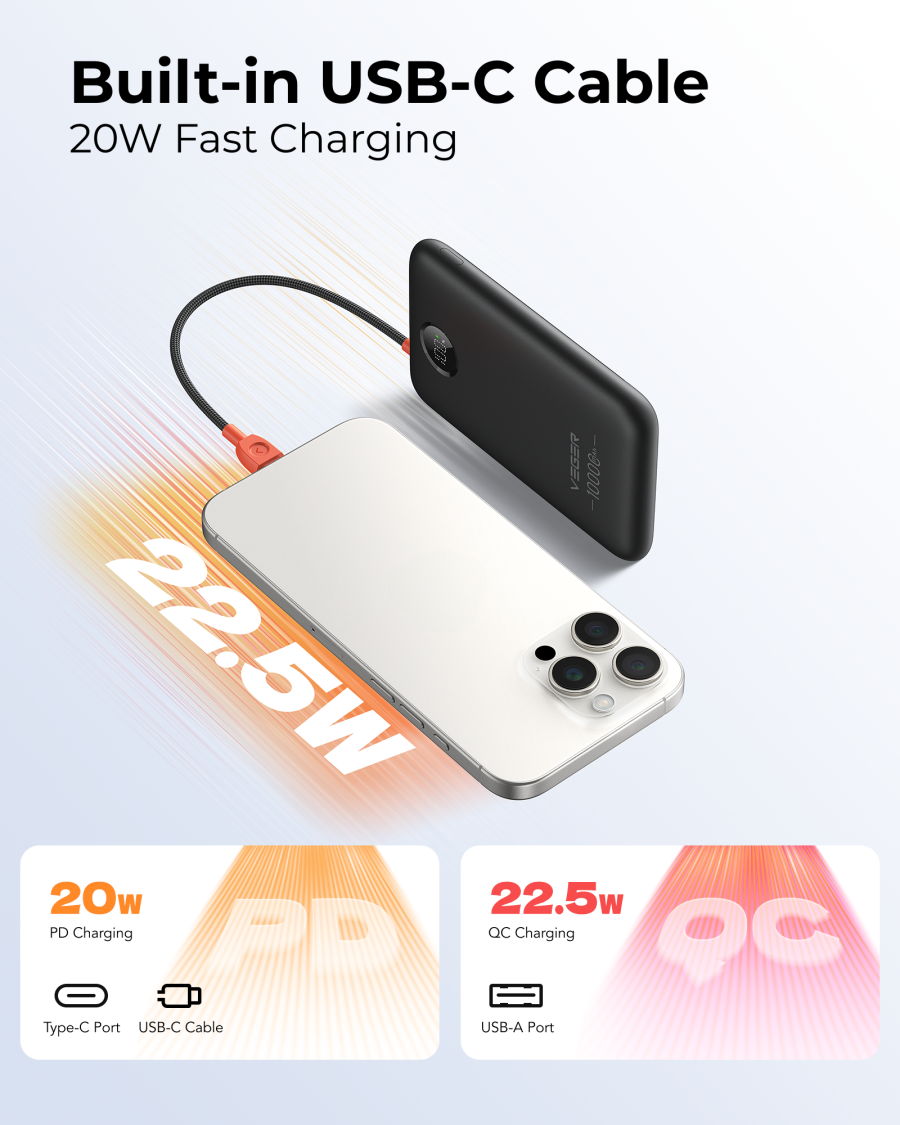 VEGER W1189-K1C 10,000mAh Ultra-Slim Power Bank with Integrated USB-C Cable, 22.5W Power Delivery Pocket-Sized External Battery Pack for iPhone 15/16, Samsung & Xiaomi