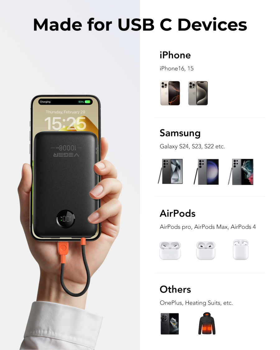 VEGER W1189-K1C 10,000mAh Ultra-Slim Power Bank with Integrated USB-C Cable, 22.5W Power Delivery Pocket-Sized External Battery Pack for iPhone 15/16, Samsung & Xiaomi