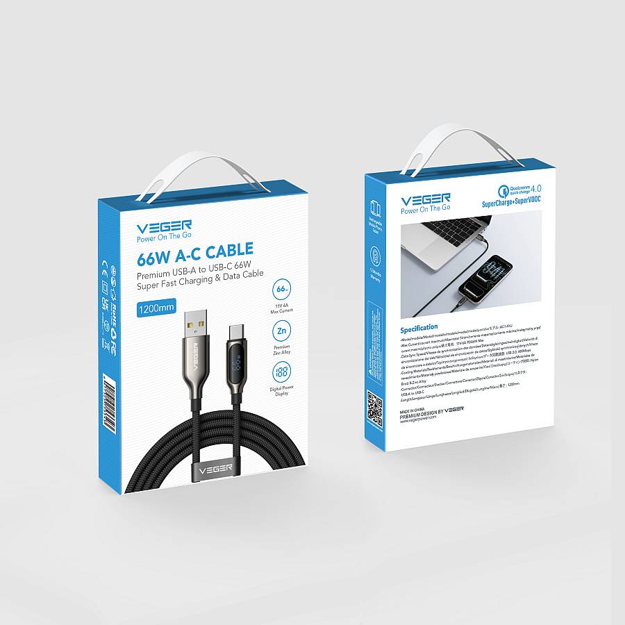 VEGER AC1-XHJ - 66W USB-A to USB-C Cable with Digital Power Display, 1.2m Premium Nylon Braided Super Fast Charging Cord for Huawei SuperCharge, Oppo SuperVOOC, QC4.0