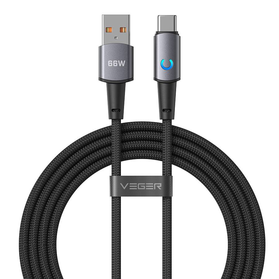 VEGER AC1-ZSD 66W USB-A to USB-C Super Fast Charging Cable 1.2m, Premium Nylon Braided Charging & Data Sync Cord with LED Indicator for Type-C Devices