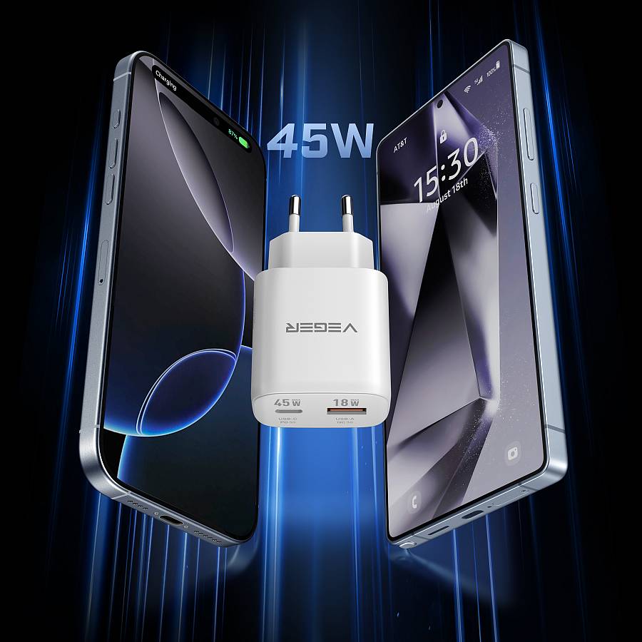 VEGER TR101 45W GaN Dual Port Fast Charger with Type-C to Type-C Cable (1200mm) - PD 3.0 & QC 3.0 SuperCHARGE PPS 2.0 Wall Charger for iPhone, iPad, Samsung, Laptops