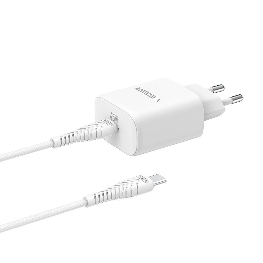 VEGER TR101-45W1C 45W GaN Single USB-C Port Fast Charger with Type-C to Type-C Cable (1200mm) - PD 3.0 & PPS 2.0 SuperCHARGE Wall Charger for MacBook, iPad, iPhone, Samsung