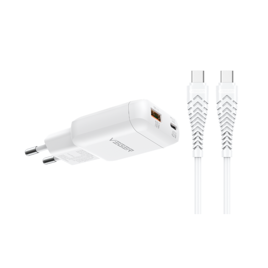 VEGER TR121 45W Ultra Slim GaN Laptop Charger - Dual Port USB-C PD 3.0 & USB-A QC 3.0, Flat Pocket Fast Charging Adapter with 1.2m PD100W Cable for MacBook Air, iPad, iPhone 16/15, Samsung S26