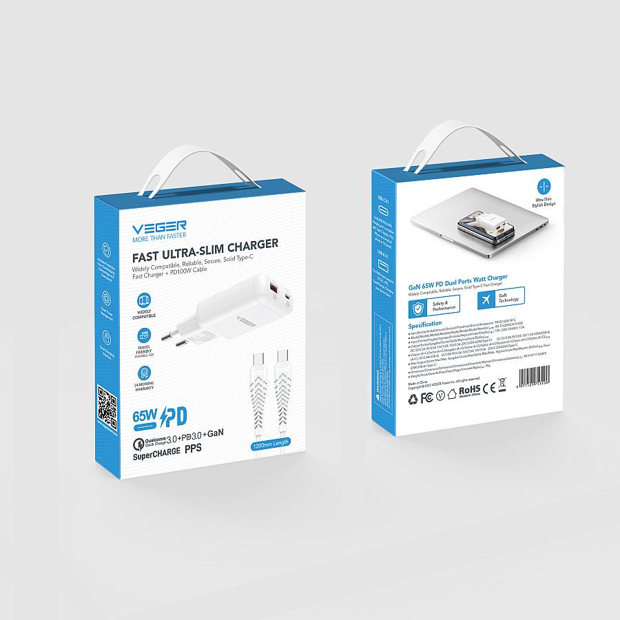 VEGER TR122 65W Fast Ultra-Slim GaN Charger - Dual Port USB-C PD 3.0 & USB-A QC 3.0, Flat Travel Wall Adapter with 1.2m PD100W Cable for MacBook Pro/Air, iPad, iPhone 16/15, Samsung Galaxy
