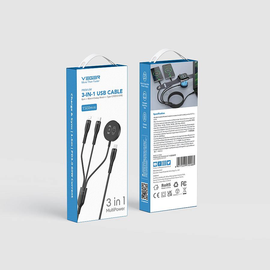 VEGER V730 - Multi-Functional 3-in-1 Fast Charging Cable | 92W Power Delivery & Smartwatch Wireless Charger