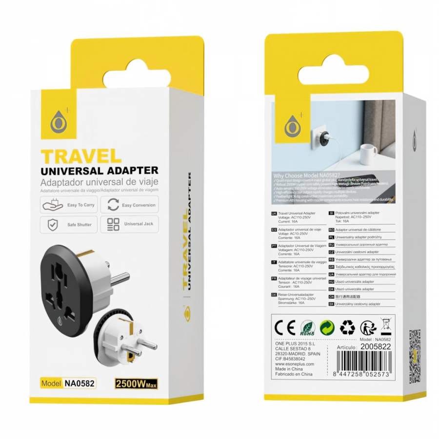 OnePlus NA0582 Παγκόσμιος Προσαρμογέας Ταξιδιού (Universal Travel Adapter) από US/UK/AU σε Type F (Σούκο), 16A, Max 2500W - Μαύρο/Λευκό