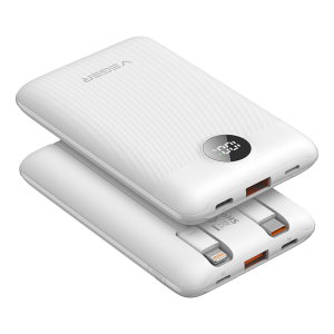 Veger C11 - 10,000mAh 22.5W PD Digital Display Light Weight Powerbank With Built In Non-MFI Lightning & USB-C Cable Λευκό