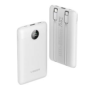 Veger C11 - 10,000mAh 22.5W PD Digital Display Light Weight Powerbank With Built In Non-MFI Lightning & USB-C Cable Λευκό