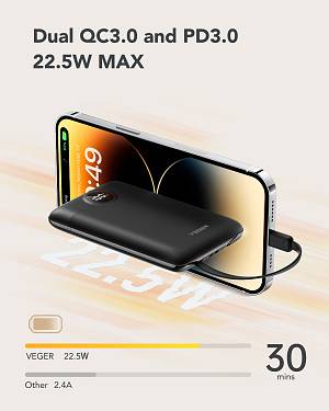 Veger C11 - 10,000mAh 22.5W PD Digital Display Light Weight Powerbank With Built In Non-MFI Lightning & USB-C Cable Λευκό