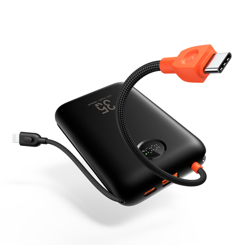 Veger K2 - 20,000mAh 35W PD Digital Display Powerbank With Built In Non-MFI Lightning & USB-C Cable - Black