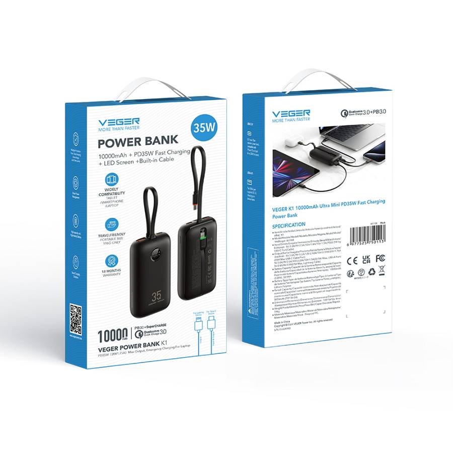 Veger K1 - 10,000mAh 35W PD Digital Display Powerbank With Built In Non-MFI Lightning & USB-C Cable Black
