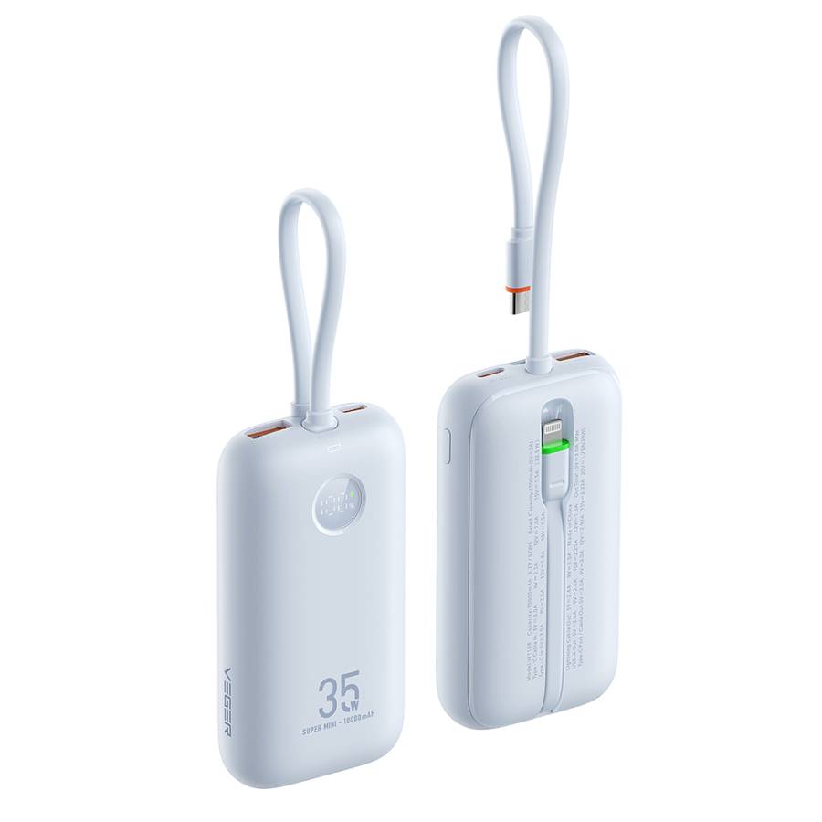 Veger K1 - 10,000mAh 35W PD Digital Display Powerbank With Built In Non-MFI Lightning & USB-C Cable Frost Blue
